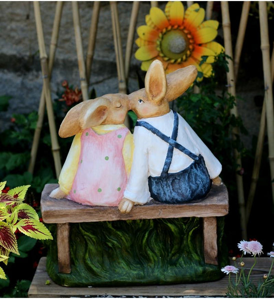 Large Bunny Rabbit Lovers Statue, Rabbit Kiss Statue for Wedding Gift, Garden Courtyard Ornaments, Villa Outdoor Decor Gardening Ideas-HomePaintingDecor
