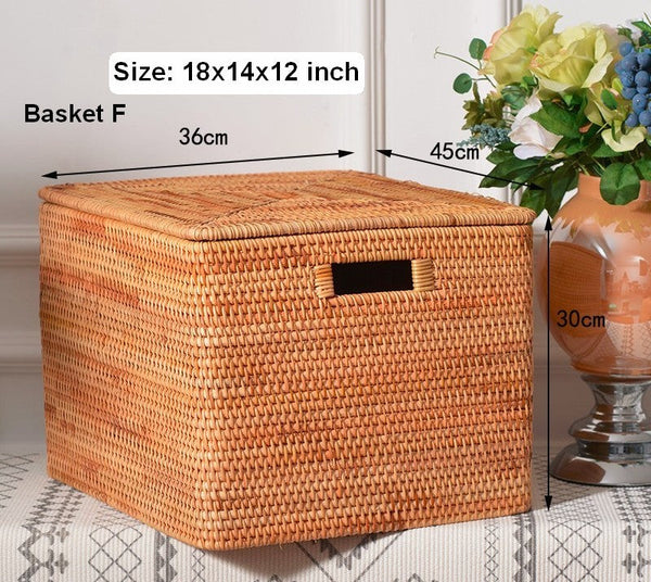 Extra Large Storage Baskets for Clothes, Oversized Rectangular Storage Basket with Lid, Wicker Rattan Storage Basket for Shelves, Storage Baskets for Bedroom-HomePaintingDecor