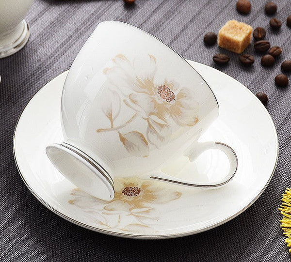 Elegant Flower Pattern Ceramic Coffee Cups, Beautiful British Tea Cups, Unique Porcelain Cup and Saucer, Creative Bone China Porcelain Tea Cup Set-HomePaintingDecor