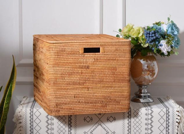 Rattan Rectangular Storage Basket with Lid, Extra Large Storage Baskets for Clothes, Storage Baskets for Bedroom, Woven Storage Baskets for Living Room-HomePaintingDecor