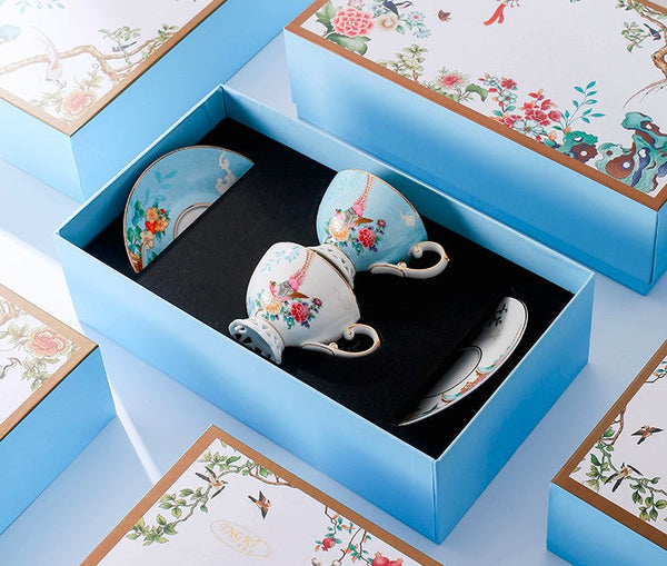 Beautiful Bird Pattern Tea Cups, Creative Bone China Porcelain Tea Cup Set, Elegant Oriental Pheasant Ceramic Cups and Saucers in Gift Box-HomePaintingDecor