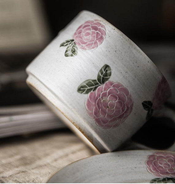 Cappuccino Coffee Mug, Rose Flower Pattern Coffee Cup, Tea Cup, Pottery Coffee Cups, Coffee Cup and Saucer Set-HomePaintingDecor