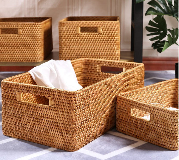 Woven Rattan Storage Baskets for Bedroom, Storage Basket for Shelves, Large Rectangular Storage Baskets for Clothes, Storage Baskets for Kitchen-HomePaintingDecor