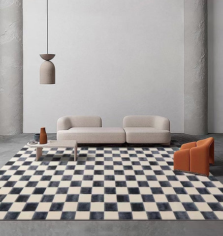 Black Chequer Contemporary Wool Rugs, Modern Living Room Rug Ideas, Mid Century Wool Rugs for Dining Room, Large Modern Rug Placement Ideas for Bedroom-HomePaintingDecor