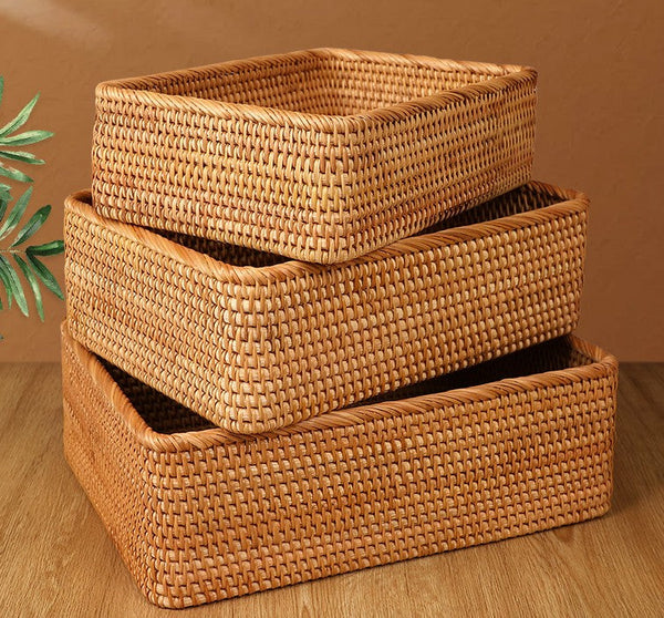 Rectangular Storage Basket for Living Room, Small Kitchen Storage Baskets, Woven Storage Baskets, Rattan Storage Baskets for Shelves-HomePaintingDecor