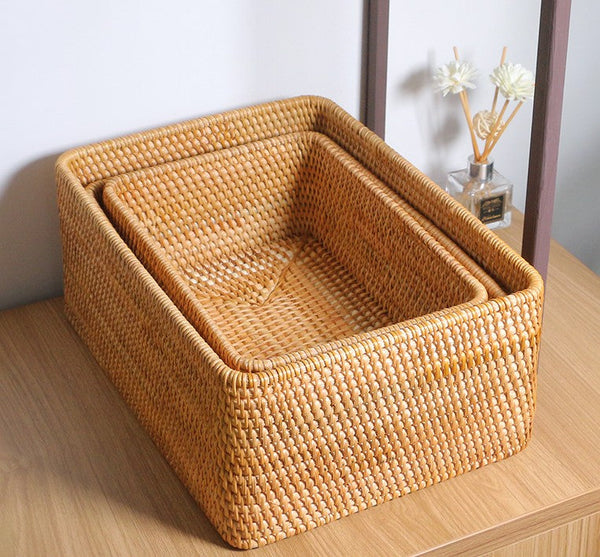 Rectangular Storage Basket for Living Room, Small Kitchen Storage Baskets, Woven Storage Baskets, Rattan Storage Baskets for Shelves-HomePaintingDecor