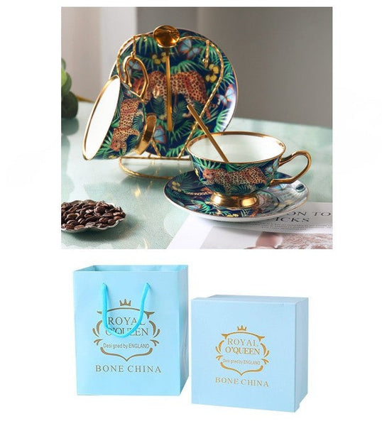 Creative Leopard Ceramic Coffee Cups, Unique Tea Cups and Saucers in Gift Box as Birthday Gift, Beautiful British Tea Cups, Creative Bone China Porcelain Tea Cup Set-HomePaintingDecor
