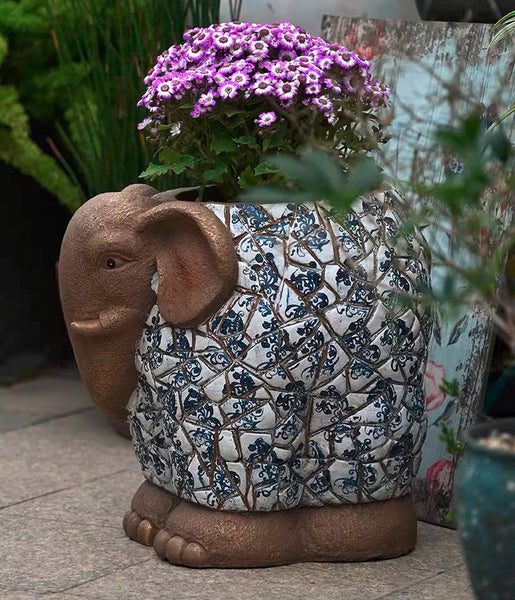 Large Garden Flower Pot, Elephant Flowerpot, Unique Garden Flowerpot, Resin Statue for Garden, Modern Animal Statue for Garden Ornaments, Villa Outdoor Decor Gardening Ideas-HomePaintingDecor