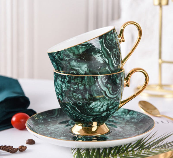 Beautiful British Green Tea Cups, Unique Porcelain Cup and Saucer, Royal Ceramic Coffee Cups, Creative Bone China Porcelain Tea Cup Set-HomePaintingDecor