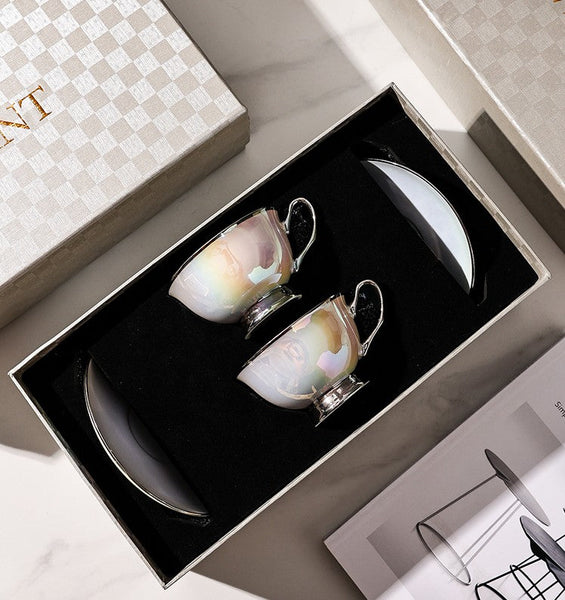 Silver Bone China Porcelain Tea Cup Set, Elegant Ceramic Coffee Cups, Beautiful British Tea Cups, Tea Cups and Saucers in Gift Box as Birthday Gift-HomePaintingDecor