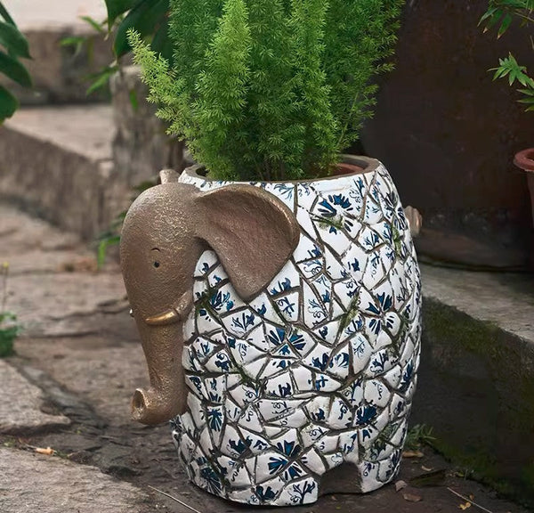 Modern Garden Flower Pot, Unique Animal Statue for Garden Ornaments, Large Elephant Flowerpot, Resin Statue for Garden, Villa Outdoor Decor Gardening Ideas-HomePaintingDecor