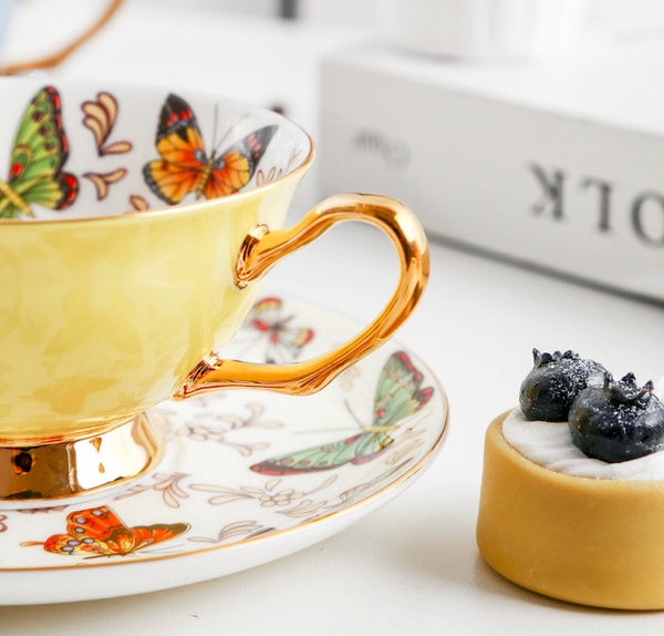 Unique Butterfly Coffee Cups and Saucers, Creative Butterfly Ceramic Coffee Cups, Beautiful British Tea Cups, Creative Bone China Porcelain Tea Cup Set-HomePaintingDecor