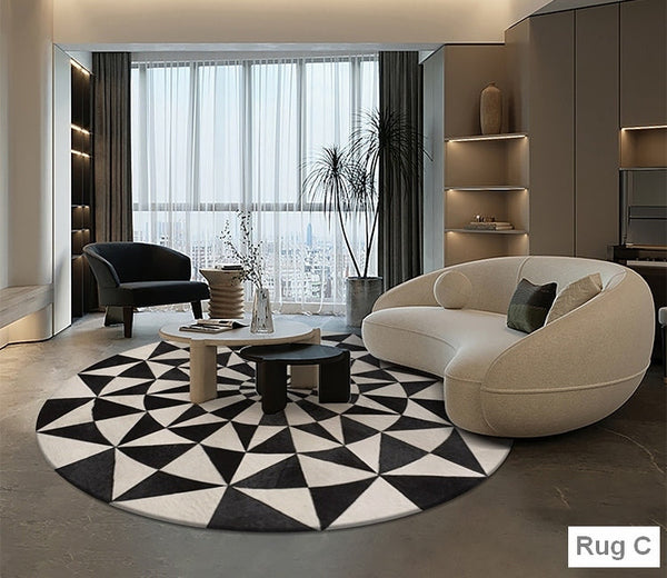 Modern Wool Rugs for Living Room, Modern Rugs for Bedroom, Coffee Table Round Rugs, Black and White Modern Wool Rugs, Abstract Round Modern Rug for Dining Room Table-HomePaintingDecor