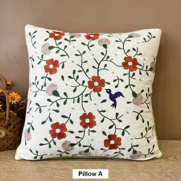 Bird Spring Flower Decorative Throw Pillows, Farmhouse Sofa Decorative Pillows, Embroider Flower Cotton Pillow Covers, Flower Decorative Throw Pillows for Couch-HomePaintingDecor