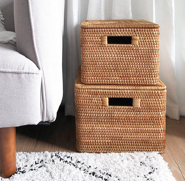 Rectangular Storage Basket with Lid, Rattan Storage Basket for Shelves, Extra Large Storage Baskets for Bedroom, Storage Baskets for Clothes-HomePaintingDecor