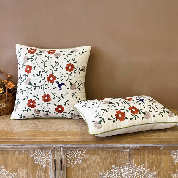 Bird Spring Flower Decorative Throw Pillows, Farmhouse Sofa Decorative Pillows, Embroider Flower Cotton Pillow Covers, Flower Decorative Throw Pillows for Couch-HomePaintingDecor