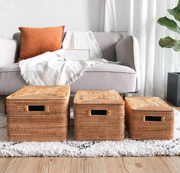 Extra Large Rattan Storage Baskets for Clothes, Rectangular Storage Basket with Lid, Kitchen Storage Baskets, Oversized Storage Baskets for Bedroom-HomePaintingDecor