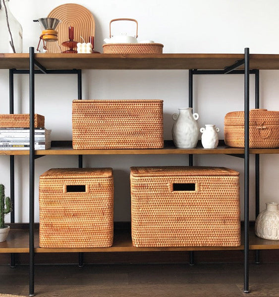 Rectangular Storage Basket with Lid, Kitchen Storage Baskets, Rattan Storage Baskets for Clothes, Storage Baskets for Living Room-HomePaintingDecor