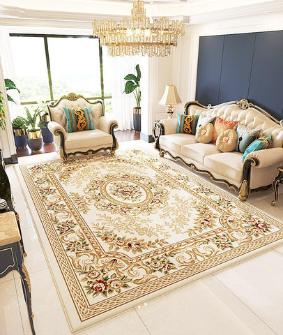 Dining Room Traditional Flower Rugs, Large Persian Floor Carpets, Rustic Rugs for Farmhouse, Large Traditional Flower Pattern Rugs, Yellow / Red / Blue Rugs-HomePaintingDecor