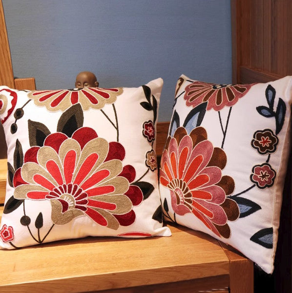 Sofa Decorative Pillows, Embroider Flower Cotton Pillow Covers, Flower Decorative Throw Pillows for Couch, Farmhouse Decorative Throw Pillows-HomePaintingDecor
