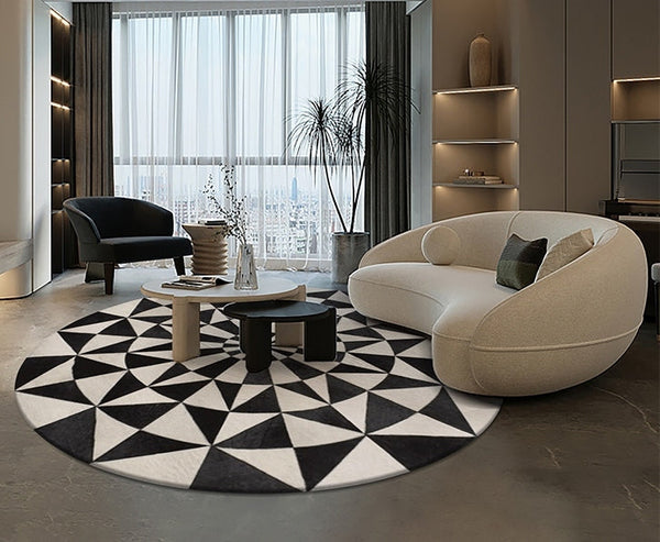 Modern Wool Rugs for Living Room, Modern Rugs for Bedroom, Coffee Table Round Rugs, Black and White Modern Wool Rugs, Abstract Round Modern Rug for Dining Room Table-HomePaintingDecor