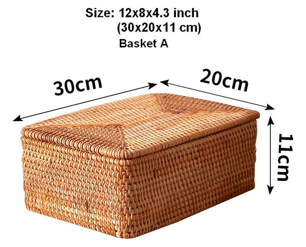 Storage Baskets with Lid, Rectangular Storage Baskets, Storage Baskets for Clothes, Pantry Storage Baskets, Rattan Woven Storage Basket for Bedroom-HomePaintingDecor