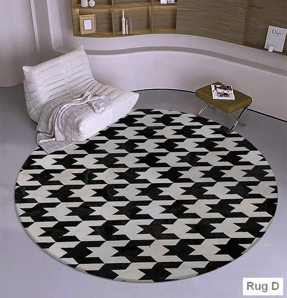 Modern Wool Rugs for Living Room, Modern Rugs for Bedroom, Coffee Table Round Rugs, Black and White Modern Wool Rugs, Abstract Round Modern Rug for Dining Room Table-HomePaintingDecor