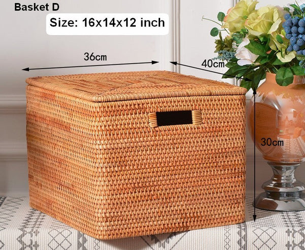 Wicker Rattan Storage Basket for Shelves, Storage Baskets for Bedroom, Rectangular Storage Basket with Lid, Pantry Storage Baskets-HomePaintingDecor