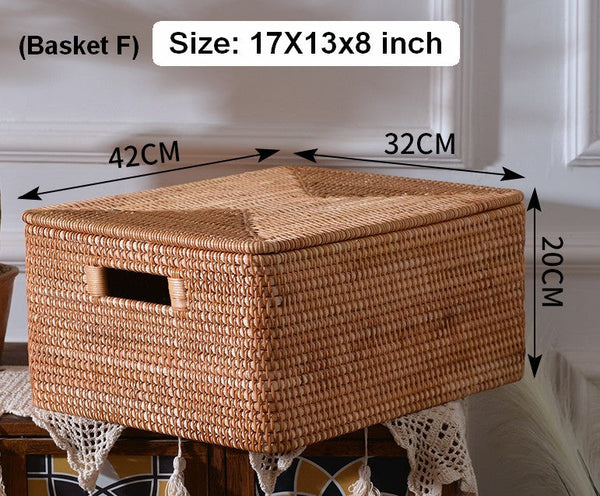 Laundry Storage Baskets for Bathroom, Rectangular Storage Baskets for Clothes, Wicker Storage Baskets for Shelves, Rattan Storage Baskets for Kitchen, Storage Basket with Lid-HomePaintingDecor