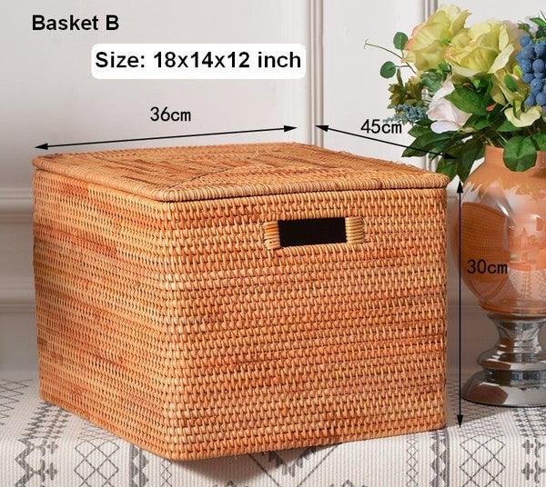 Large Rectangular Storage Basket with Lid, Rattan Storage Case, Storage Baskets for Bedroom, Rectangular Woven Storage Baskets for Clothes-HomePaintingDecor