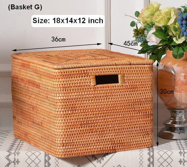 Woven Rectangular Storage Baskets, Rattan Storage Basket with Lid, Storage Baskets for Clothes, Extra Large Storage Baskets for Shelves-HomePaintingDecor