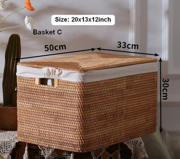 Oversized Storage Baskets for Bedroom, Rectangular Woven Storage Baskets for Clothes, Large Rectangular Storage Basket with Lid, Rattan Storage Case-HomePaintingDecor
