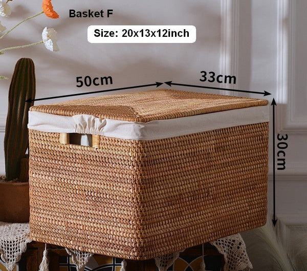 Wicker Rattan Storage Basket for Shelves, Storage Baskets for Bedroom, Rectangular Storage Basket with Lid, Pantry Storage Baskets-HomePaintingDecor