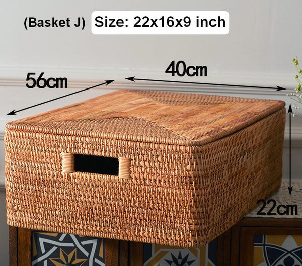 Woven Rectangular Storage Baskets, Rattan Storage Basket with Lid, Storage Baskets for Clothes, Extra Large Storage Baskets for Shelves-HomePaintingDecor