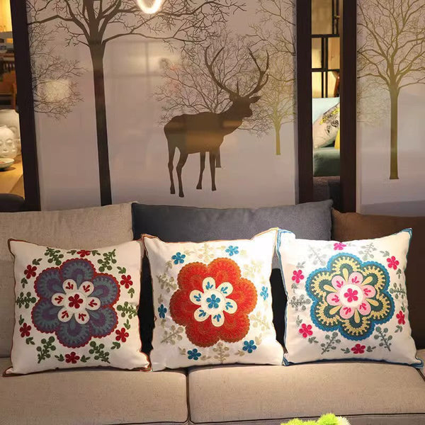 Flower Decorative Pillows for Couch, Sofa Decorative Pillows, Embroider Flower Cotton Pillow Covers, Farmhouse Decorative Throw Pillows-HomePaintingDecor