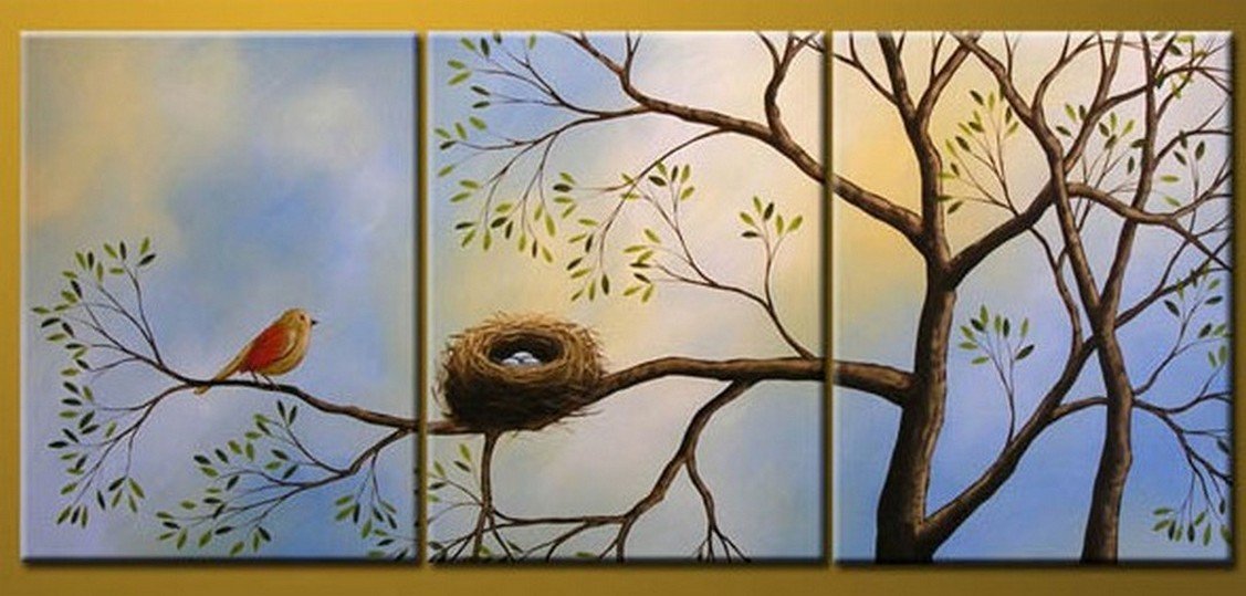 Bird Art, Canvas Painting, Modern Art, 3 Piece Wall Art, Abstract Painting, Tree of Life Painting-HomePaintingDecor