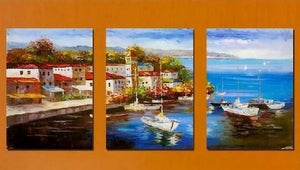 Mediterranean Sea, Boat Painting, Canvas Painting, Wall Art, Landscape Painting, Modern Art, 3 Piece Wall Art, Abstract Painting, Wall Hanging-HomePaintingDecor