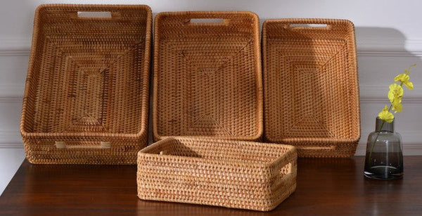 Large Woven Rattan Storage Basket, Rectangular Basket with Handle, Storage Baskets for Living Room-HomePaintingDecor