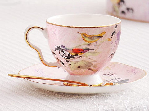 Elegant Pink Ceramic Coffee Cups, Unique Bird Flower Tea Cups and Saucers in Gift Box as Birthday Gift, Beautiful British Tea Cups, Royal Bone China Porcelain Tea Cup Set-HomePaintingDecor