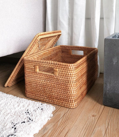 Extra Large Storage Baskets for Shelves, Wicker Rectangular Storage Baskets for Living Room, Rattan Storage Basket with Lid, Storage Baskets for Clothes-HomePaintingDecor