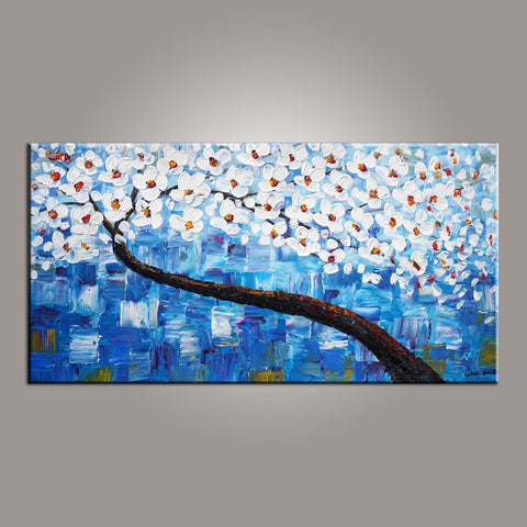 Canvas Art, Blue Flower Tree Painting, Abstract Painting, Painting on Sale, Dining Room Wall Art, Art on Canvas, Modern Art, Contemporary Art-HomePaintingDecor