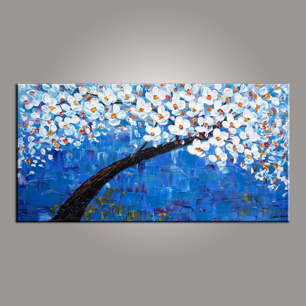 Blue Flower Tree Painting, Canvas Art, Abstract Painting, Painting on Sale, Dining Room Wall Art, Art on Canvas, Modern Art, Contemporary Art-HomePaintingDecor