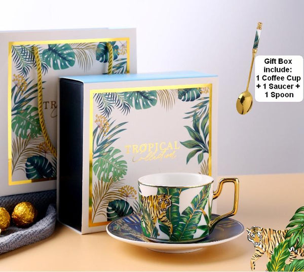 Coffee Cups with Gold Trim and Gift Box, Jungle Leopard Pattern Porcelain Coffee Cups, Tea Cups and Saucers-HomePaintingDecor