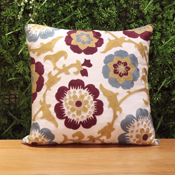 Embroider Flower Cotton Pillow Covers, Cotton Flower Decorative Pillows, Decorative Sofa Pillows, Farmhouse Decorative Throw Pillows for Couch-HomePaintingDecor