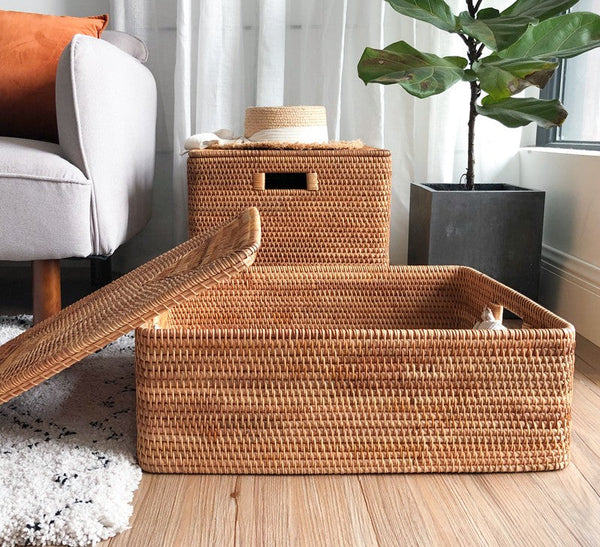 Rattan Rectangular Storage Basket with Lid, Extra Large Storage Baskets for Clothes, Storage Baskets for Bedroom, Woven Storage Baskets for Living Room-HomePaintingDecor