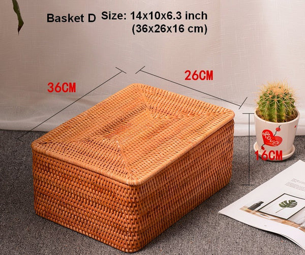 Extra Large Woven Rattan Storage Basket for Bedroom, Rattan Storage Baskets, Rectangular Woven Basket with Lid, Storage Baskets for Shelves-HomePaintingDecor