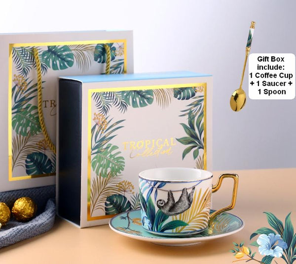 Jungle Animals Porcelain Coffee Cups, Coffee Cups with Gold Trim and Gift Box, Tea Cups and Saucers-HomePaintingDecor