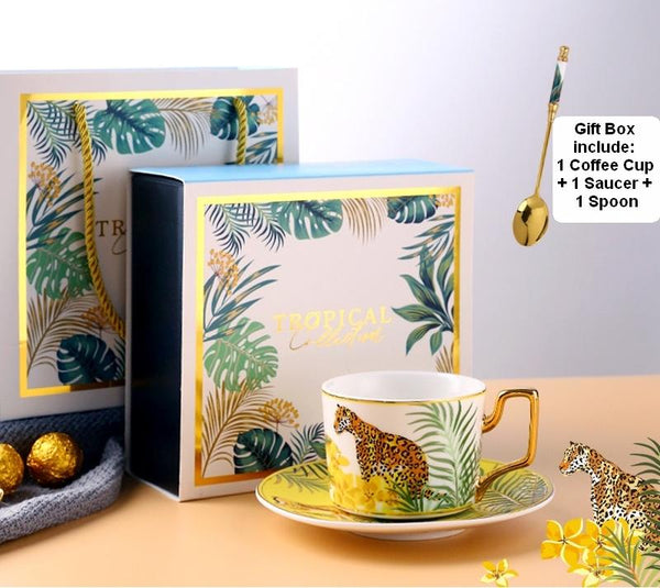 Elegant Tea Cups and Saucers, Jungle Toucan Pattern Porcelain Coffee Cups, Coffee Cups with Gold Trim and Gift Box-HomePaintingDecor