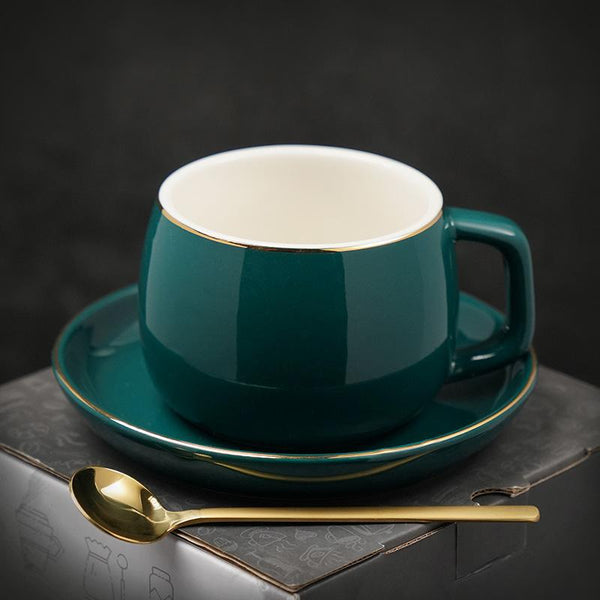 Handmade Black Coffee Cup, Green Coffee Mug, White Coffee Cups, Tea Cup, Ceramic Cup, Round Coffee Cup and Saucer Set-HomePaintingDecor