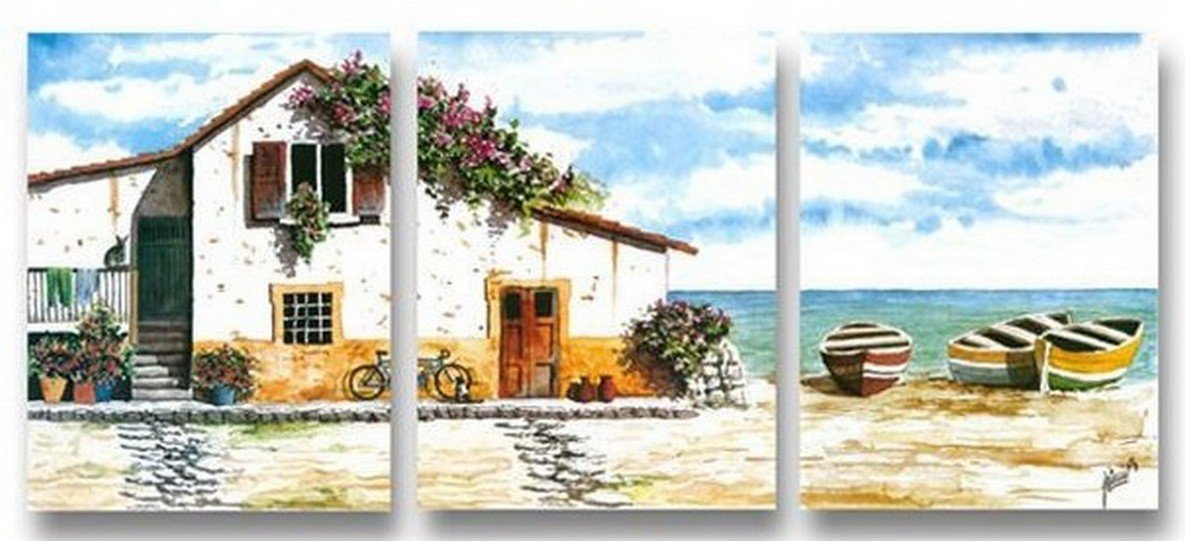 Cottage At Seashore, Landscape Painting, Landscape Art, 3 Panel Painting, Art Painting-HomePaintingDecor